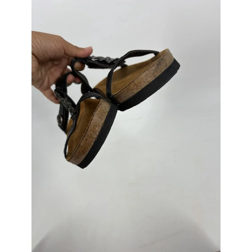 Naot Malibu Black Sandals Size 40 / 9 Leather Rhinestone T-Strap Slide Cork